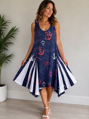 India Boutique Navy Midi Dress with Red & White Anchor Motif